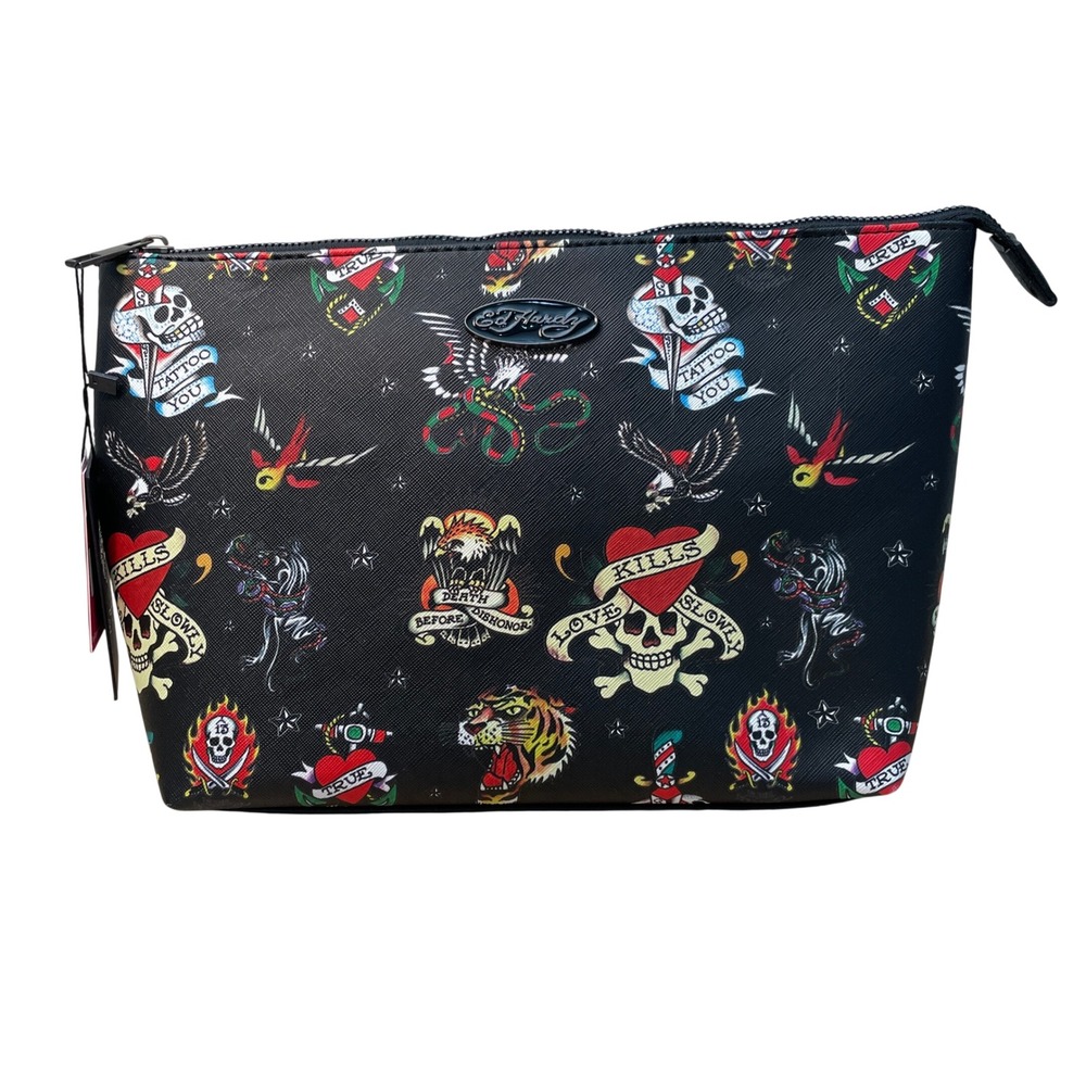 Ed Hardy Tattoo Printโ Cosmetic Case Black Vegan Leather Makeup Bag New